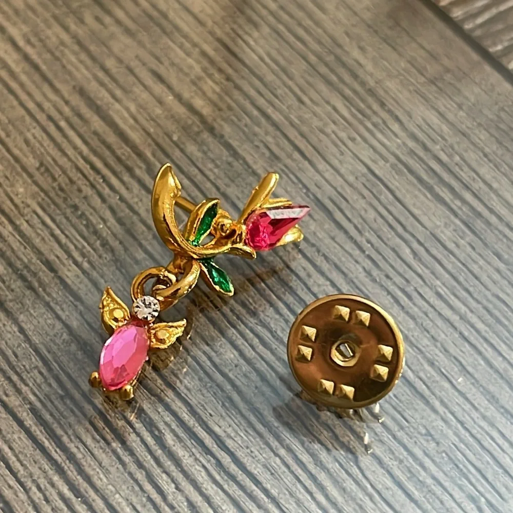 Vintage Tulip with a Dangling Angel Charm Gold-tone with Pink Rhinestones